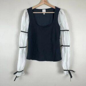 Anthropologie Maeve Top Women M Black Sheer Balloon Sleeve Peasant Coquette Bow